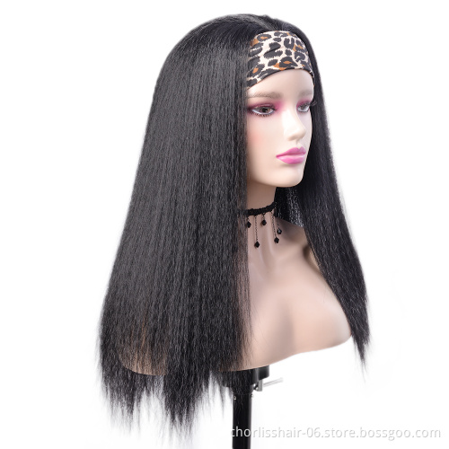 Wholesale long Black Deep Curl Turban Wigs Straight Wigs Heat Resistant Synthetic Wig With Headband Attached For Black Women